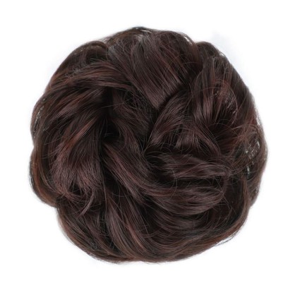 Sotkuinen pulla hiustenlasku rypistyneillä keinotekoisilla hiuksilla - #33 Tummanruskea punaisella sävyllä